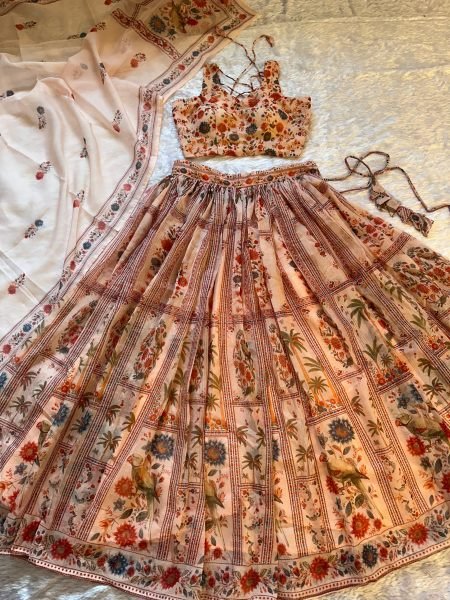 Dynamic Cream Pure Organza Floral Lehenga Set with Digital Print and Fully Stitched Blouse Designer Lehenga Choli