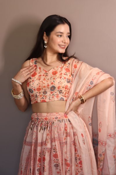 Dynamic Cream Pure Organza Floral Lehenga Set with Digital Print and Fully Stitched Blouse Designer Lehenga Choli