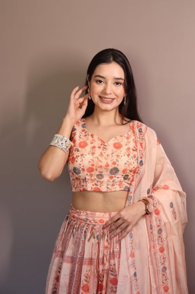 Dynamic Cream Pure Organza Floral Lehenga Set with Digital Print and Fully Stitched Blouse Designer Lehenga Choli