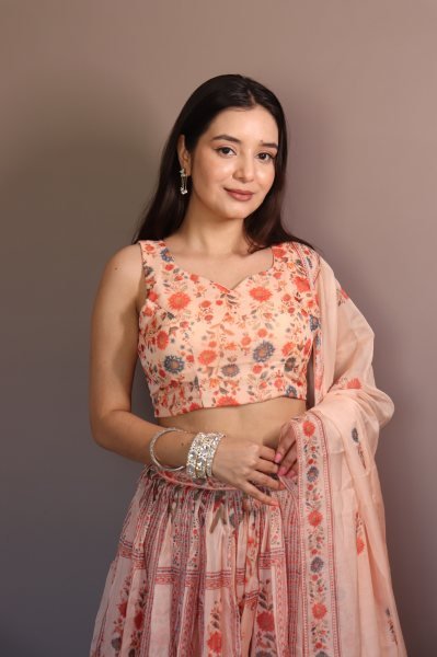 Dynamic Cream Pure Organza Floral Lehenga Set with Digital Print and Fully Stitched Blouse Designer Lehenga Choli