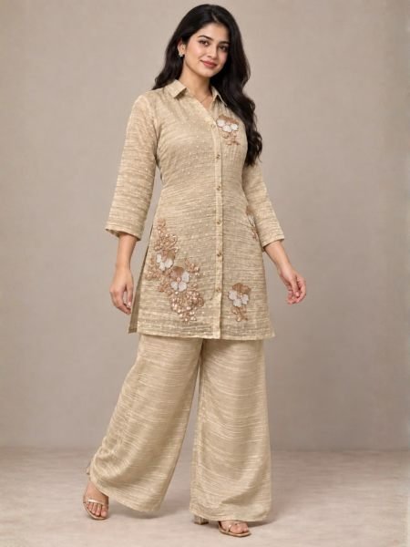 Dynamic Cream Ready to Wear Salsa Butti Co Ord Set with Bead Work for Function 