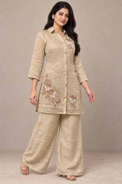 Dynamic Cream Ready to Wear Salsa Butti Co Ord Set with Bead Work for Function CO ORD Sets