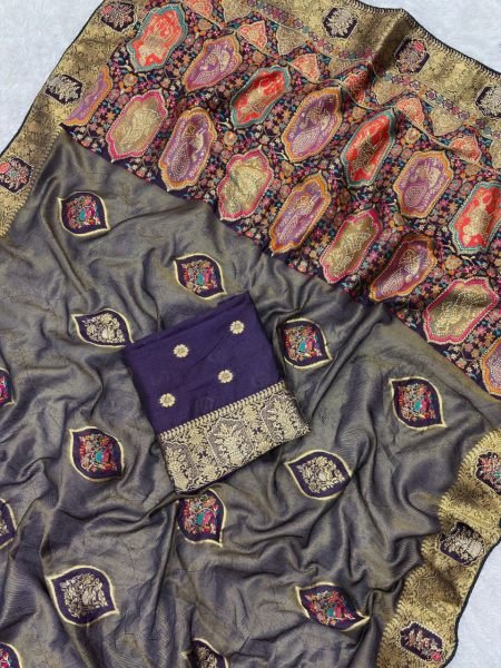 Dynamic Dark Purple Woven Banarasi Silk Saree with Unstitched Blouse Printed Cotton Sarees Wholesale