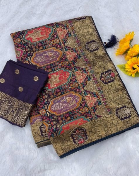 Dynamic Dark Purple Woven Banarasi Silk Saree with Unstitched Blouse Printed Cotton Sarees Wholesale