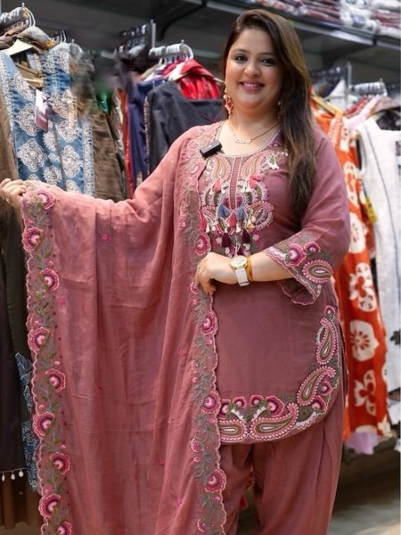 Dynamic Dusty Rose Georgette Farshi Suit With Thread Work For Party Wear Ready To Wear Suit
