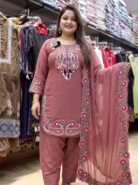 Dynamic Dusty Rose Georgette Farshi Suit With Thread Work For Party Wear Ready To Wear Collection