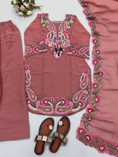 Dynamic Dusty Rose Georgette Farshi Suit With Thread Work For Party Wear Ready To Wear Collection
