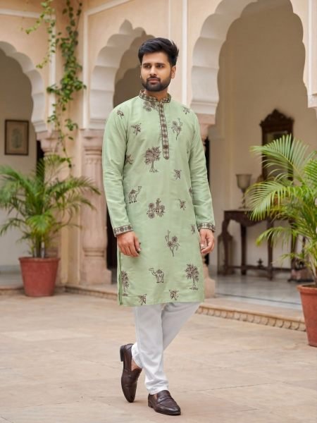 Dynamic Green Designer Roman Silk Kurta Pajama Set for Men  