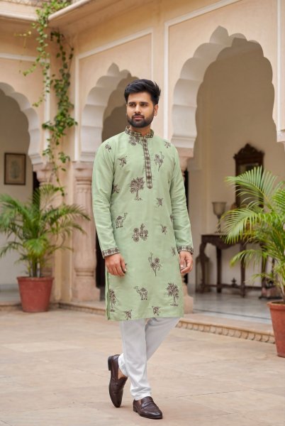 Dynamic Green Designer Roman Silk Kurta Pajama Set for Men  Kurta Pajama Wholesale