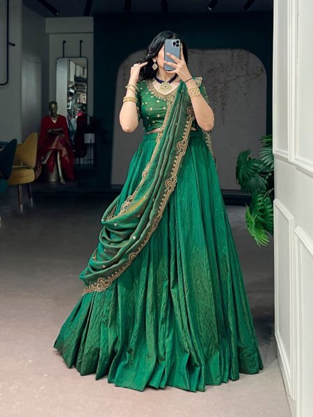 Dynamic Green Elegant NC Silk Lehenga Choli Set with Sequins Embroidery Dupatta  Lehenga