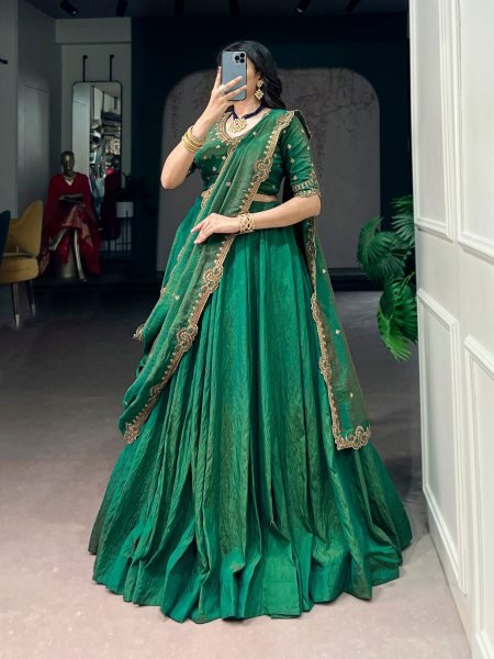 Dynamic Green Elegant NC Silk Lehenga Choli Set with Sequins Embroidery Dupatta Designer Lehenga Choli