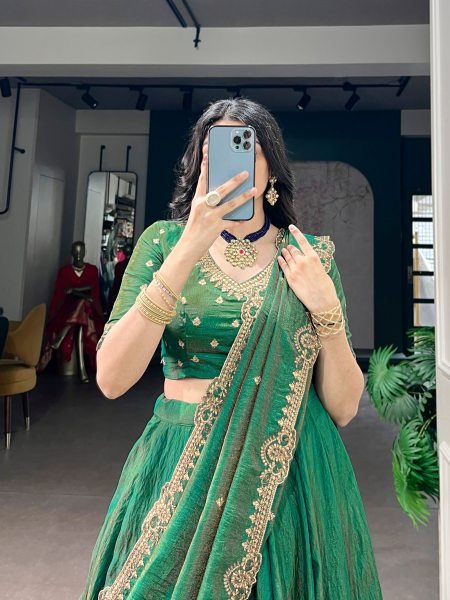 Dynamic Green Elegant NC Silk Lehenga Choli Set with Sequins Embroidery Dupatta Designer Lehenga Choli