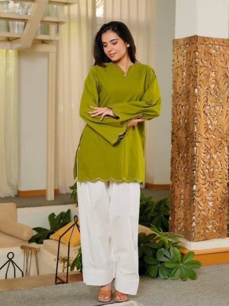 Dynamic Green Embroidered Roman Silk Top with Fully Stitched Farshi Salwar 