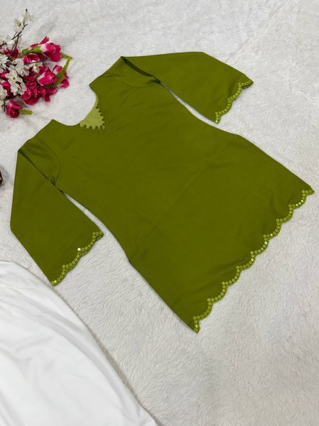 Dynamic Green Embroidered Roman Silk Top with Fully Stitched Farshi Salwar CO ORD Sets