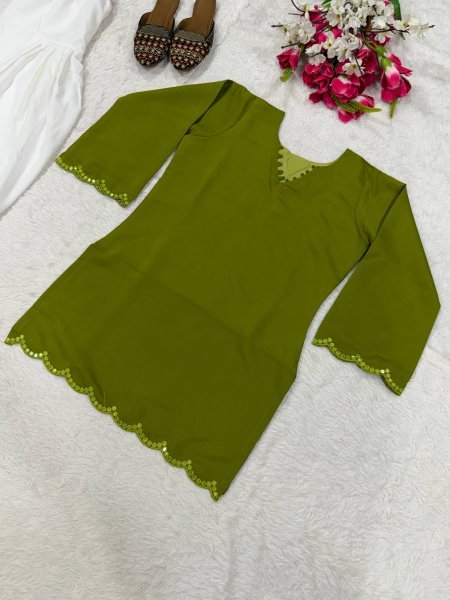 Dynamic Green Embroidered Roman Silk Top with Fully Stitched Farshi Salwar CO ORD Sets
