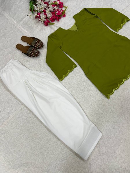 Dynamic Green Embroidered Roman Silk Top with Fully Stitched Farshi Salwar CO ORD Sets