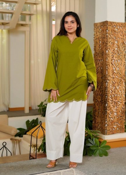 Dynamic Green Embroidered Roman Silk Top with Fully Stitched Farshi Salwar CO ORD Sets