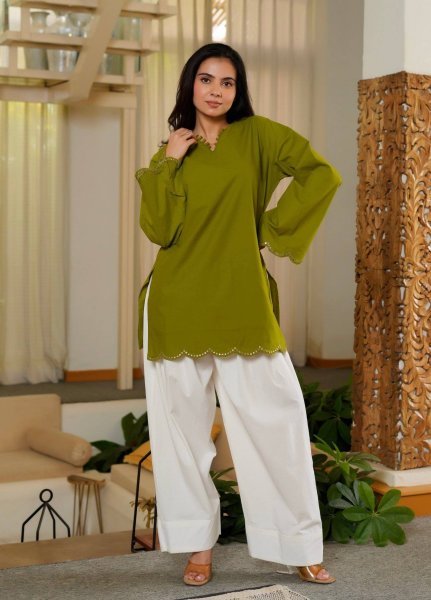 Dynamic Green Embroidered Roman Silk Top with Fully Stitched Farshi Salwar CO ORD Sets