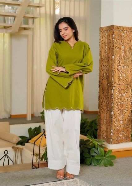 Dynamic Green Embroidered Roman Silk Top with Fully Stitched Farshi Salwar CO ORD Sets
