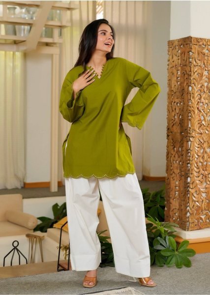 Dynamic Green Embroidered Roman Silk Top with Fully Stitched Farshi Salwar CO ORD Sets