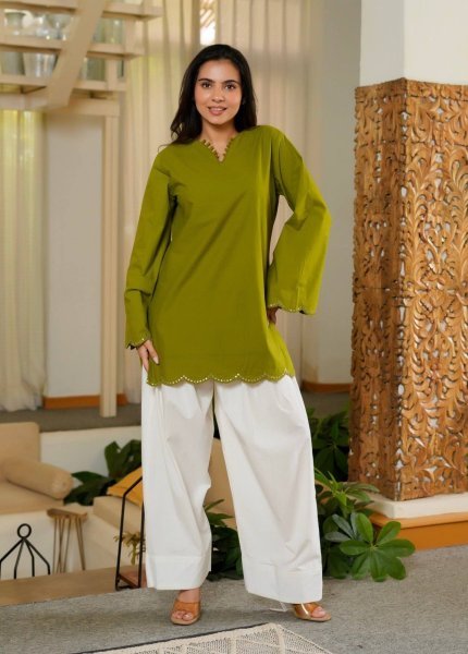 Dynamic Green Embroidered Roman Silk Top with Fully Stitched Farshi Salwar CO ORD Sets