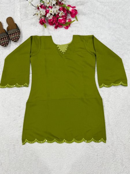 Dynamic Green Embroidered Roman Silk Top with Fully Stitched Farshi Salwar CO ORD Sets