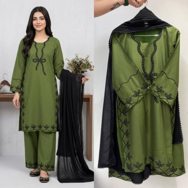 Dynamic Green Hania Aamir Inspired Pakistani Suit with Embroidered Rayon Kurti Set Ready To Wear Collection