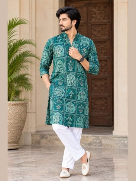 Dynamic Green Men’s Chinon Kurta with Crepe Inner and Heavy Work For Wholesale Rate 