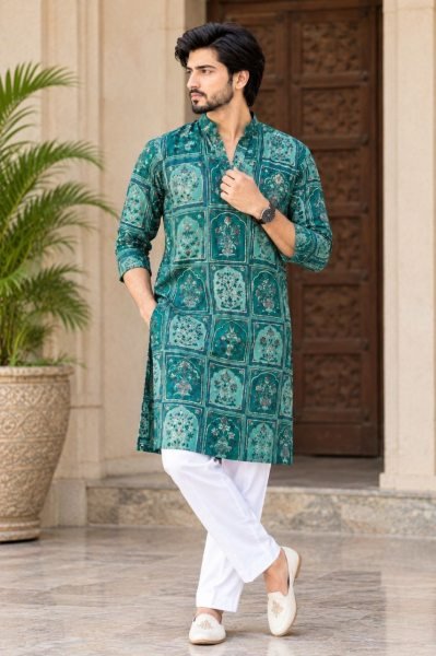 Dynamic Green Men’s Chinon Kurta with Crepe Inner and Heavy Work For Wholesale Rate Kurta Pajama Wholesale