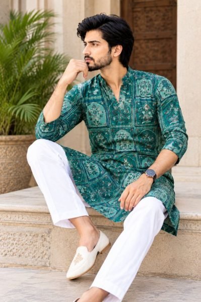 Dynamic Green Men’s Chinon Kurta with Crepe Inner and Heavy Work For Wholesale Rate Kurta Pajama Wholesale