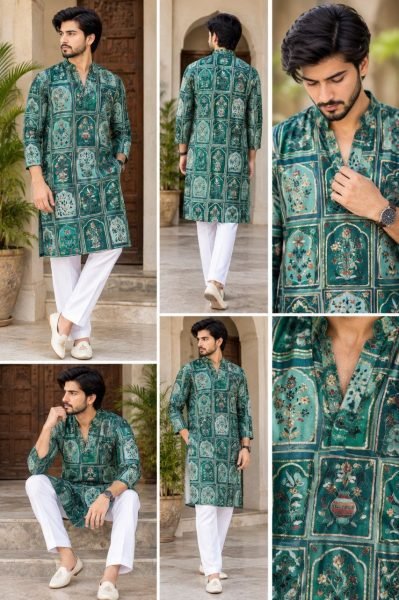 Dynamic Green Men’s Chinon Kurta with Crepe Inner and Heavy Work For Wholesale Rate Kurta Pajama Wholesale
