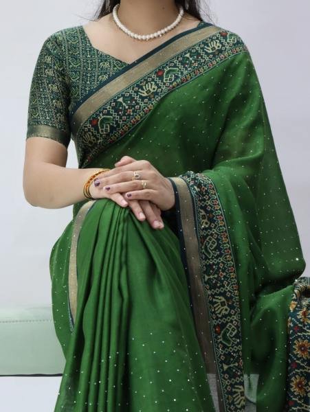 Dynamic Green Mull Cotton Patola Print Saree with Sirovski Diamond And Zari Border  Cotton Sarees Wholesale