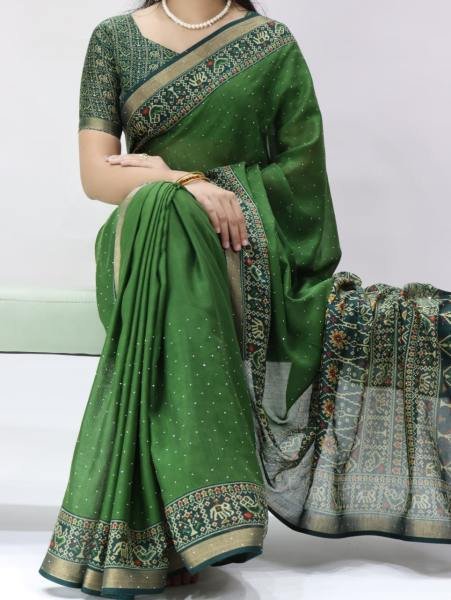 Dynamic Green Mull Cotton Patola Print Saree with Sirovski Diamond And Zari Border  Cotton Sarees Wholesale
