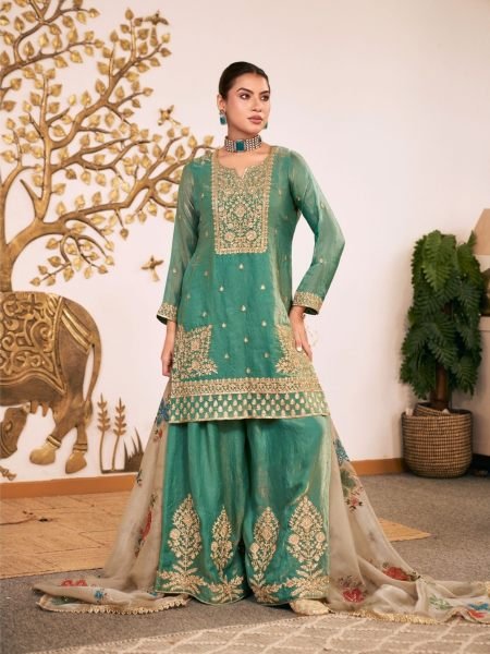 Dynamic Green Party Wear Fendy Silk Plazo Suit with Heavy Embroidery and Dupatta 