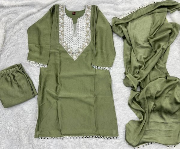 Dynamic Green Rangoli Silk Suit for Party and Festive Collection Embroidery Kurtis 