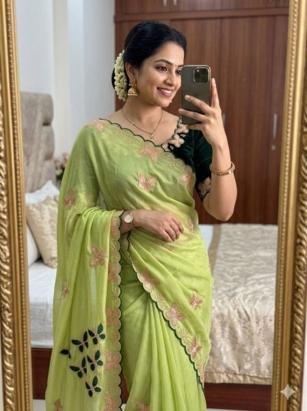 Dynamic Green Star Georgette Saree with Multi Embroidery Work for Women Embroidery Sarees Wholesale