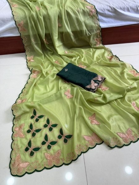 Dynamic Green Star Georgette Saree with Multi Embroidery Work for Women Embroidery Sarees Wholesale