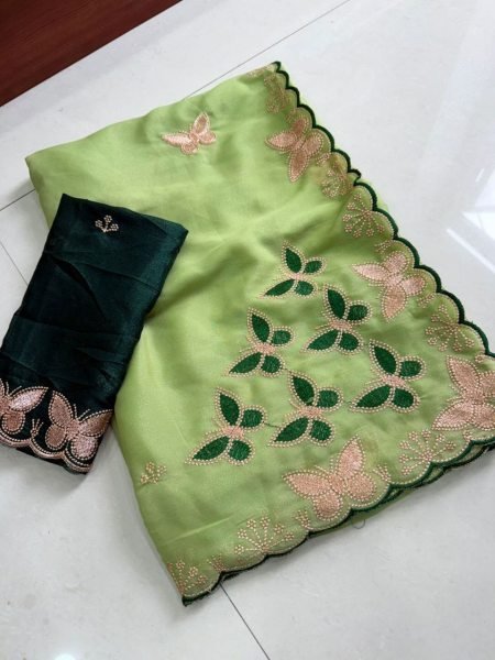 Dynamic Green Star Georgette Saree with Multi Embroidery Work for Women Embroidery Sarees Wholesale