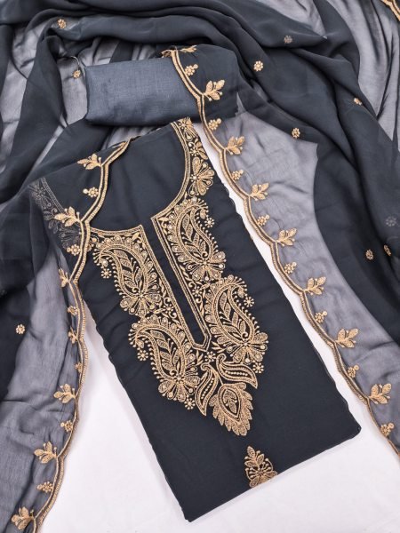 Dynamic Grey Georgette Multi Embroidery Suit with Santoon Bottom and Inner Color Set Matching Dress Material Wholesale