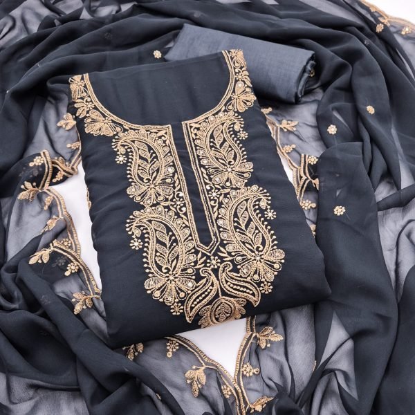 Dynamic Grey Georgette Multi Embroidery Suit with Santoon Bottom and Inner Color Set Matching Dress Material Wholesale