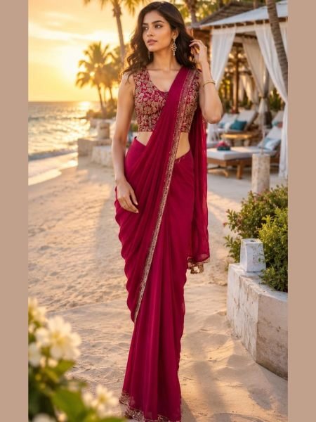 Dynamic Hot Pink Armani Satin Saree with Heavy Beads Work Designer Blouse For Party  Sarees 