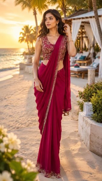 Dynamic Hot Pink Armani Satin Saree with Heavy Beads Work Designer Blouse For Party  Ready To Wear Saree 