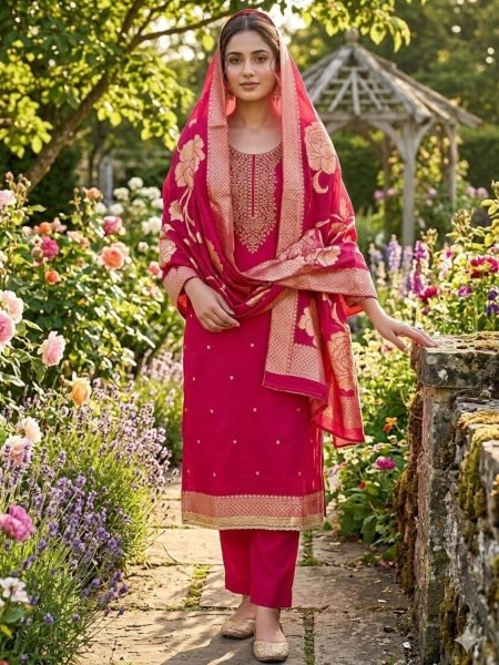 Dynamic Hot Pink Roman Silk Unstitched Salwar Suit Material with Jacquard Dupatta 