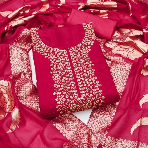Dynamic Hot Pink Roman Silk Unstitched Salwar Suit Material with Jacquard Dupatta Color Set Matching Dress Material Wholesale