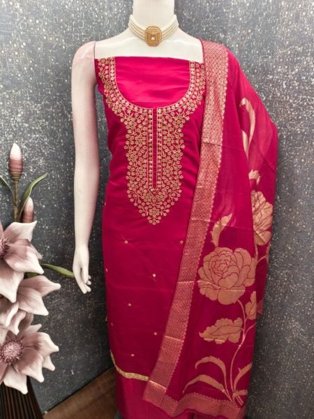 Dynamic Hot Pink Roman Silk Unstitched Salwar Suit Material with Jacquard Dupatta Color Set Matching Dress Material Wholesale