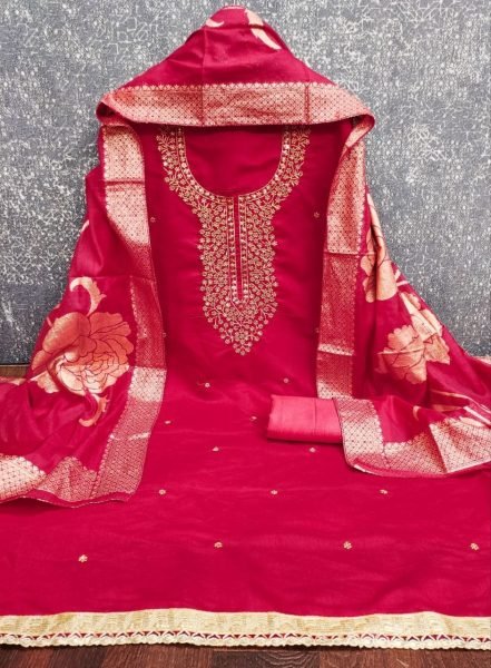 Dynamic Hot Pink Roman Silk Unstitched Salwar Suit Material with Jacquard Dupatta Color Set Matching Dress Material Wholesale