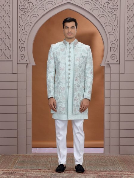 Dynamic Ice Blue Elegant Wedding Suit Set with Heavy Thread Work and Design Mens Wear
