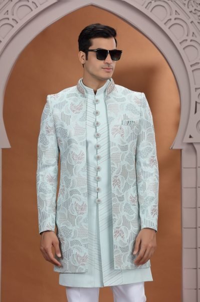 Dynamic Ice Blue Elegant Wedding Suit Set with Heavy Thread Work and Design Kurta Pajama Wholesale
