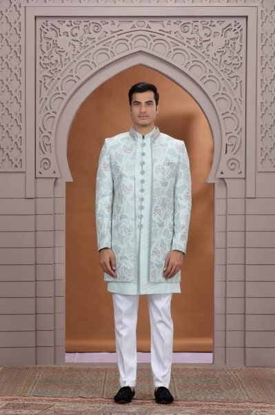 Dynamic Ice Blue Elegant Wedding Suit Set with Heavy Thread Work and Design Kurta Pajama Wholesale