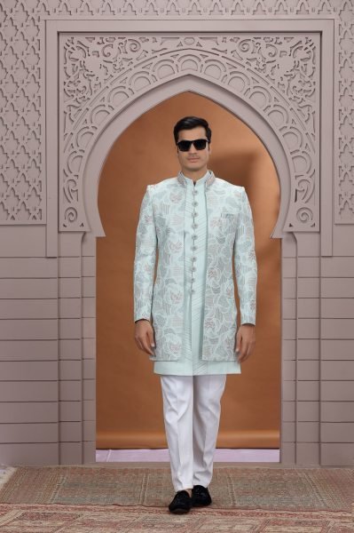 Dynamic Ice Blue Elegant Wedding Suit Set with Heavy Thread Work and Design Kurta Pajama Wholesale